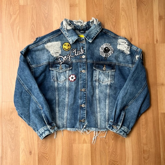 VDR Via Delle Rose Italian Cropped Denim Jacket with Patches Distressed Large - Picture 3 of 6